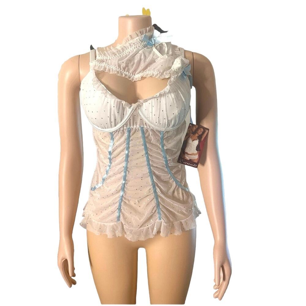 Escante Loverโs Lane Womenโs Lingerie Sequin Cami Set Blue Ribbonโ Size 1x White